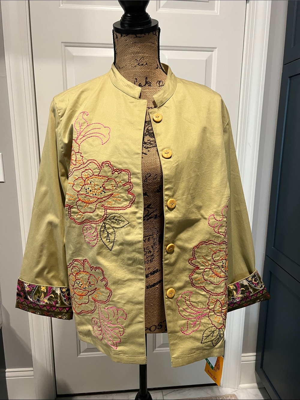 Ruby Rd Sz 10 Celadon Embroidered Floral Jacket Artsy Indie Maximalist